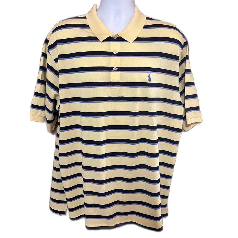VINTAGE Polo Golf Ralph Lauren Shirt Men's XXL 2XL Yellow Blue Striped Pony Logo